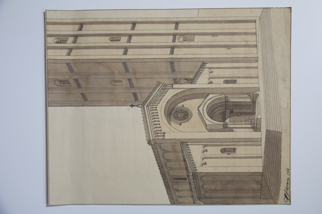 Veduta prospettica della abbazia di San Mercuriale di Forlì (disegno architettonico) di Azzaroni Alessandro (XX)