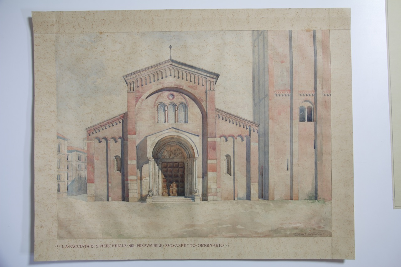 Facciata nel presumibile suo aspetto originario della abbazia di San Mercuriale di Forlì (disegno architettonico) di Invernizzi (XX)