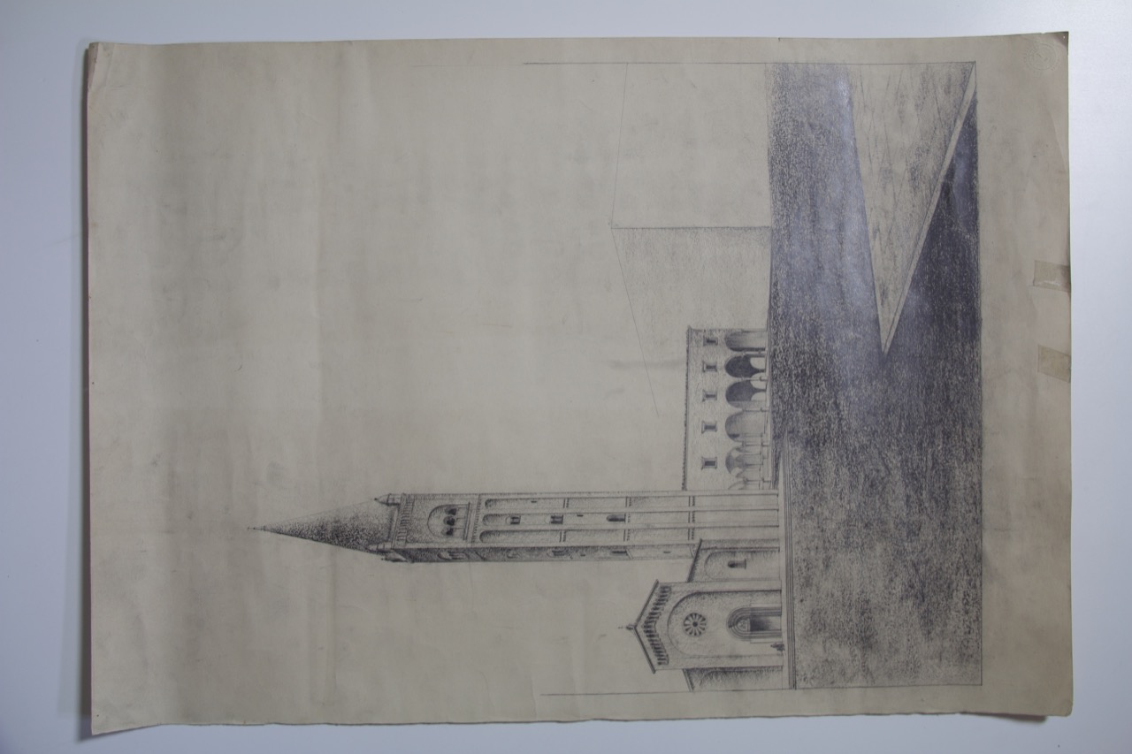Veduta prospettica della abbazia di San Mercuriale di Forlì (disegno architettonico) - ambito italiano (XX)