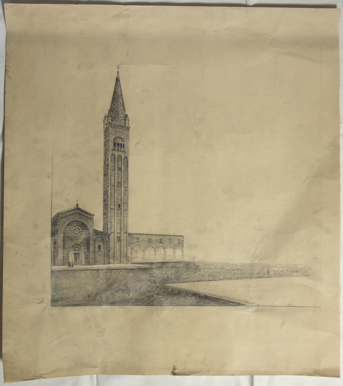 Veduta prospettica incompleta della abbazia di San Mercuriale di Forlì (disegno architettonico) - ambito italiano (XX)