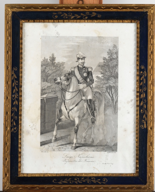 Luigi Napoleone imperatore dei Francesi, ritratto equestre di Napoleone III (stampa) di Masutti Antonio, Santamaria Carlo (seconda metà sec. XIX)
