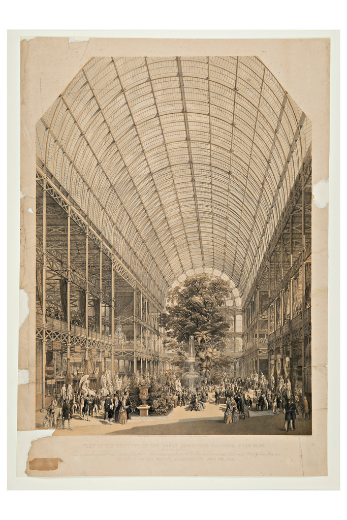 Veduta del transetto dell'edificio della Great Exhibition, Hyde Park. Guardando a nord, Veduta dell'interno del Crystal Palace ad Hyde Park (stampa) di Walker, Edmund (terzo quarto XIX)