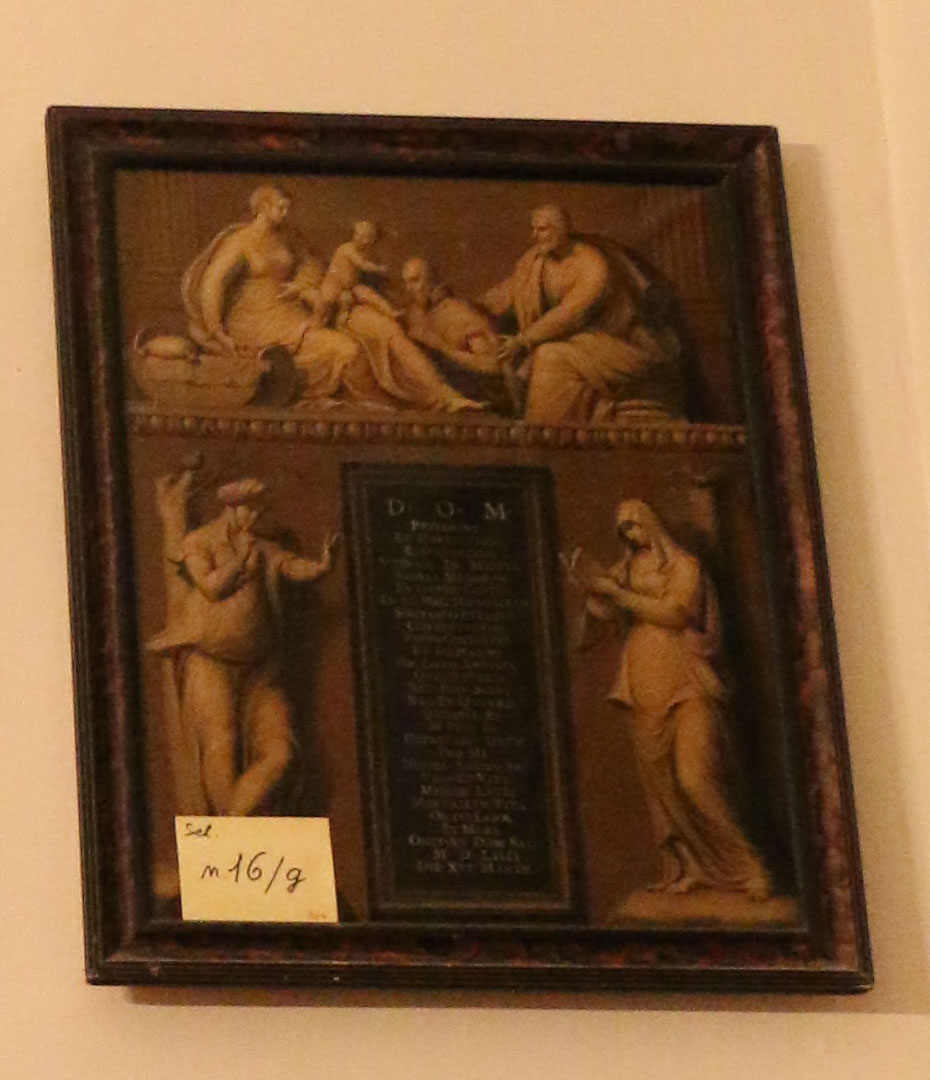 Sacra Famiglia adorata da Fra Sabba Castiglione e due allegorie (dipinto, pendant) - ambito faentino (XIX)