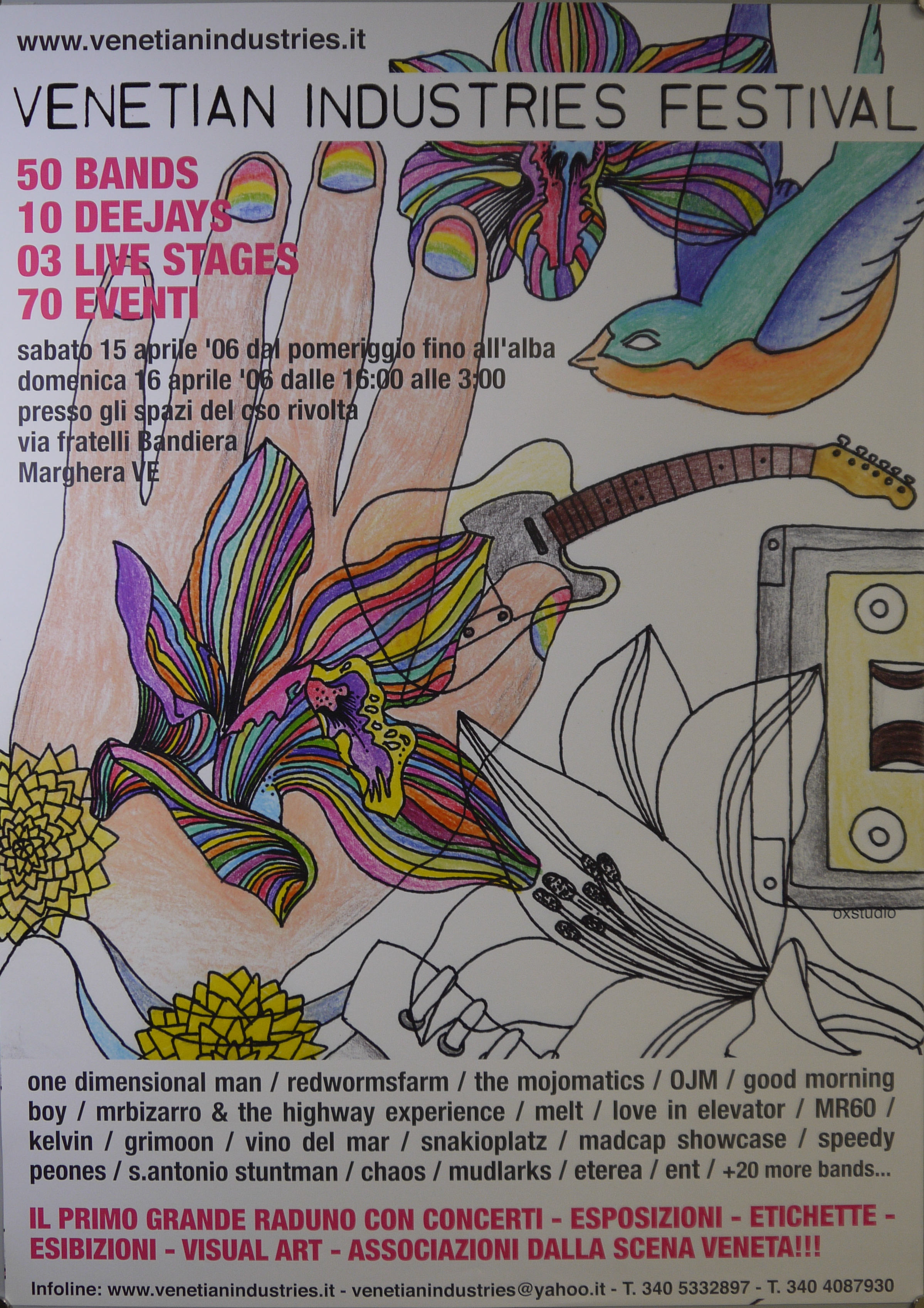 Cinque fiori di cui due arcobaleno, uccello colorato, mano con unghie arcobaleno, chitarra elettrica e audiocassetta (manifesto) - ambito veneto (inizio XXI)