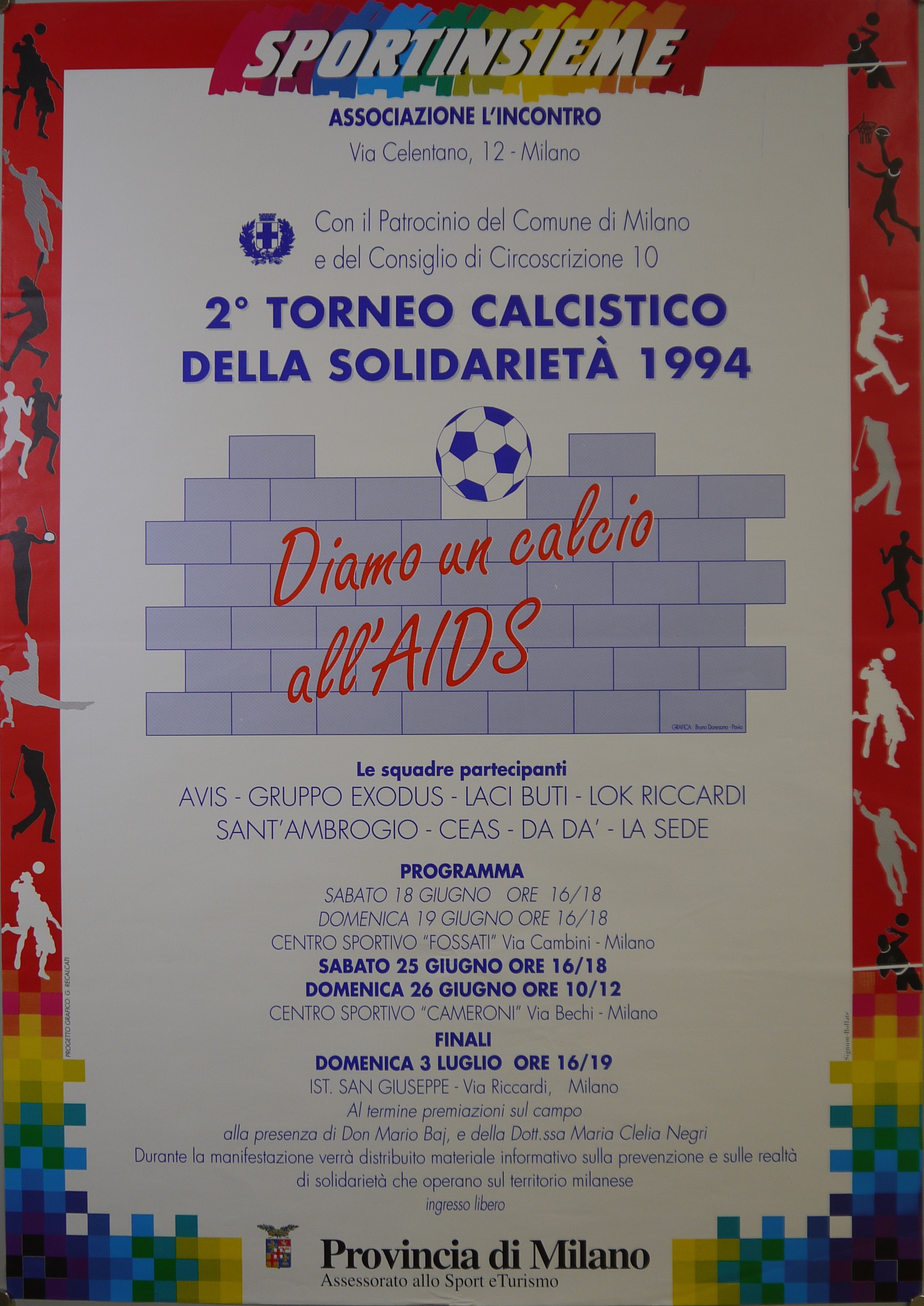 Pallone su muro di mattoni e cornice con shilouettes di sportivi (manifesto) - ambito milanese (fine XX)