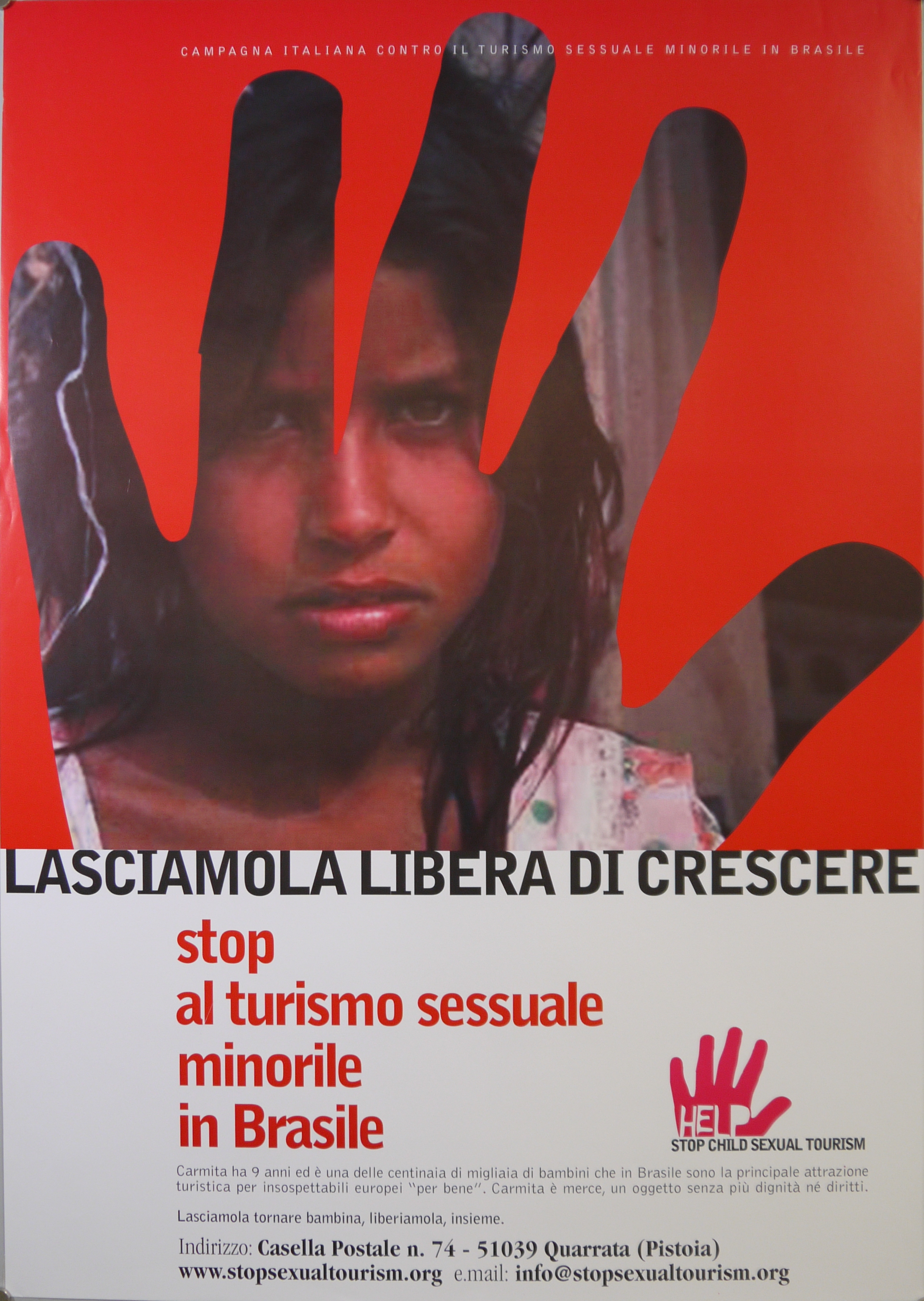 Volto di bambina brasiliana visibile attraverso uno squarcio a forma di mano nel fondo rosso del manifesto (manifesto) - ambito toscano (inizio XXI)