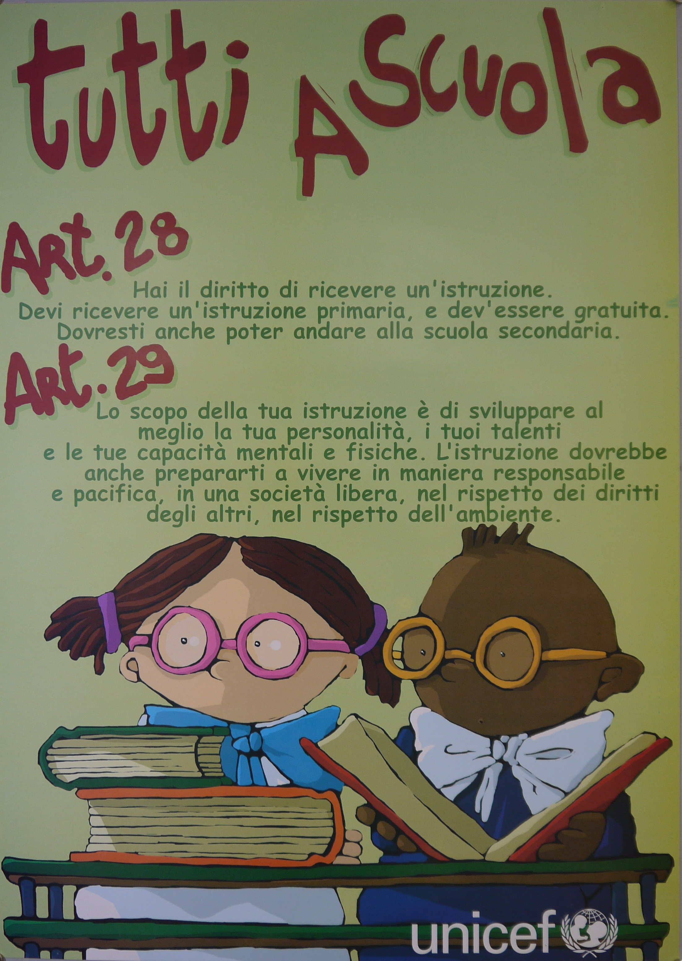 Bambina occidentale e bambino africano insieme in banco con libri chiusi e un libro aperto davanti a sé (manifesto) - ambito italiano (inizio XXI)