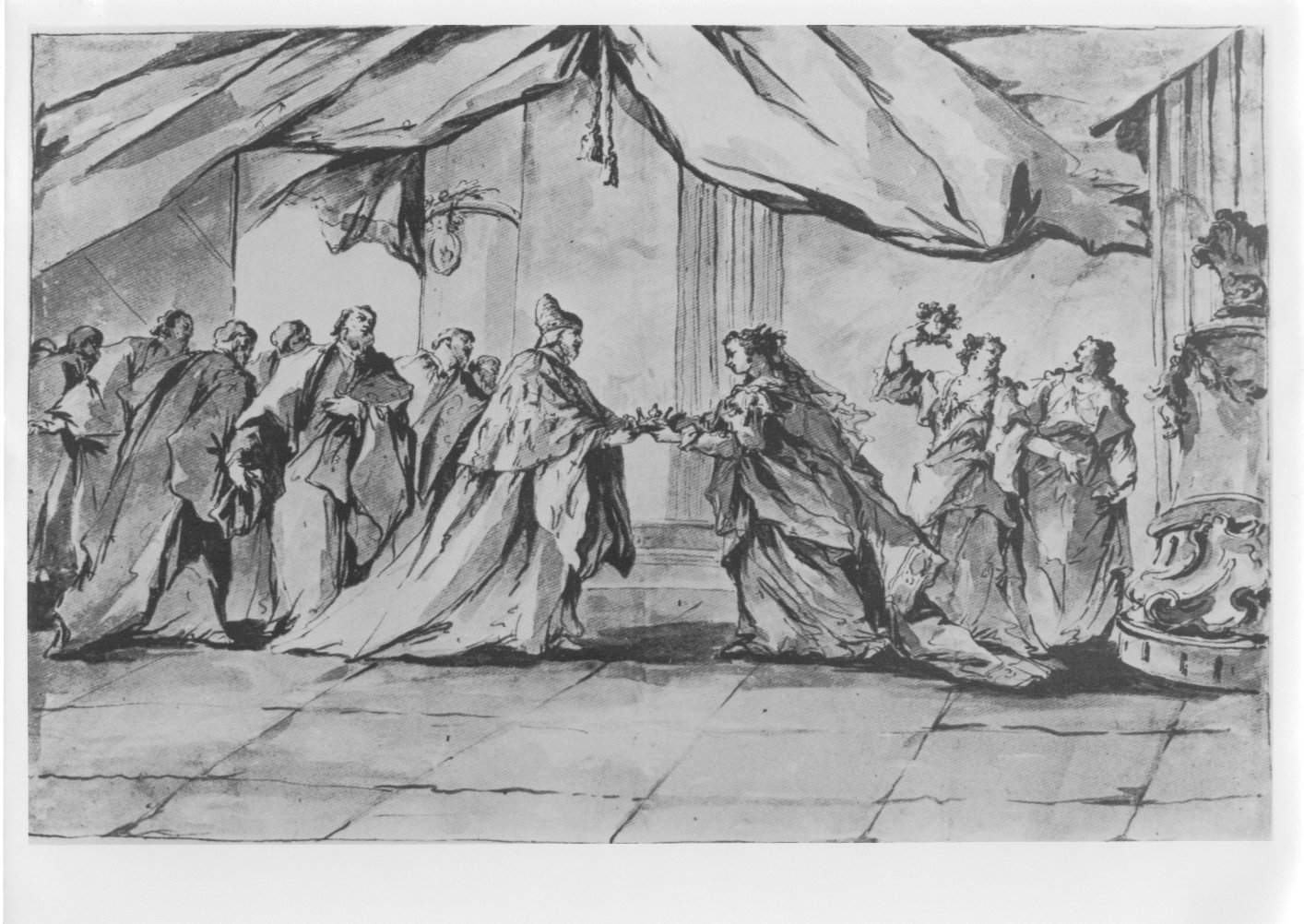 Caterina Corner consegna al doge Agostino Barbarigo la corona del Regno di Cipro, Fasti veneziani (disegno) di Giovanni Antonio Guardi (XVIII)