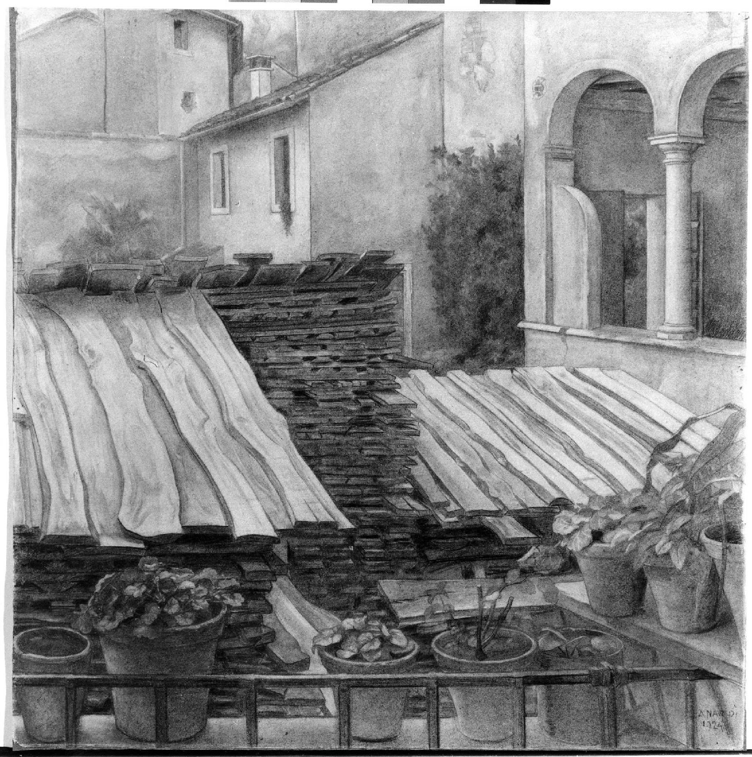 Cortile, paesaggio urbano (dipinto, opera isolata) di Nardi Antonio (sec. XX)