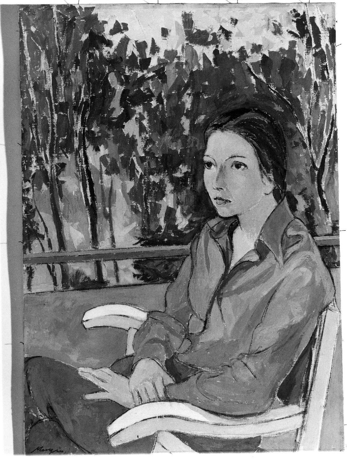 Donna seduta in terrazzo, figura femminile seduta (dipinto, opera isolata) di Menzio Francesco (sec. XX)