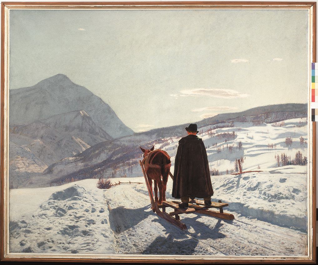 Il montanaro, paesaggio invernale (dipinto, opera isolata) di Maggi Cesare (XX)