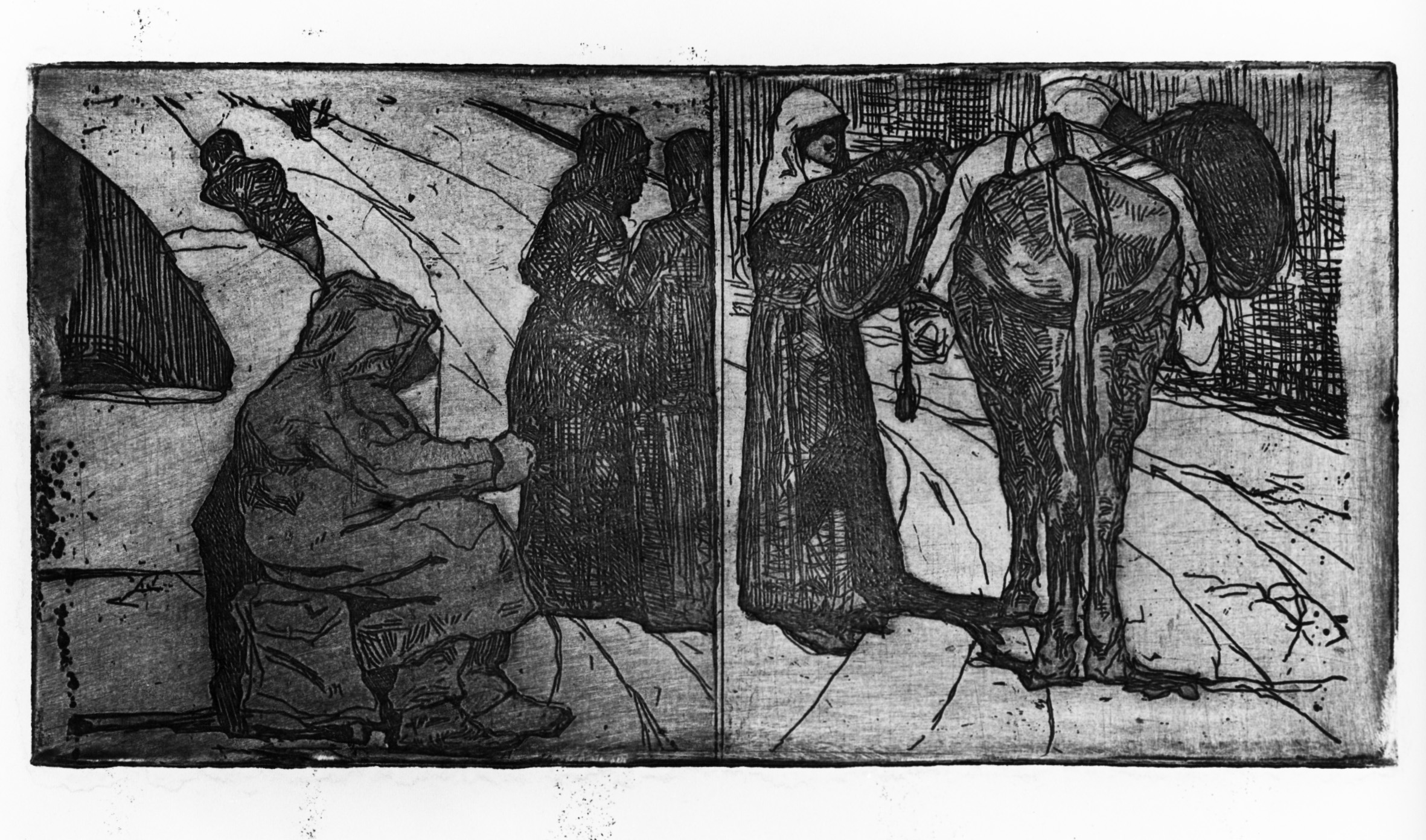 Due studi, paesaggio con figure e animali (stampa) di Fattori Giovanni (attribuito) (XIX/XX)