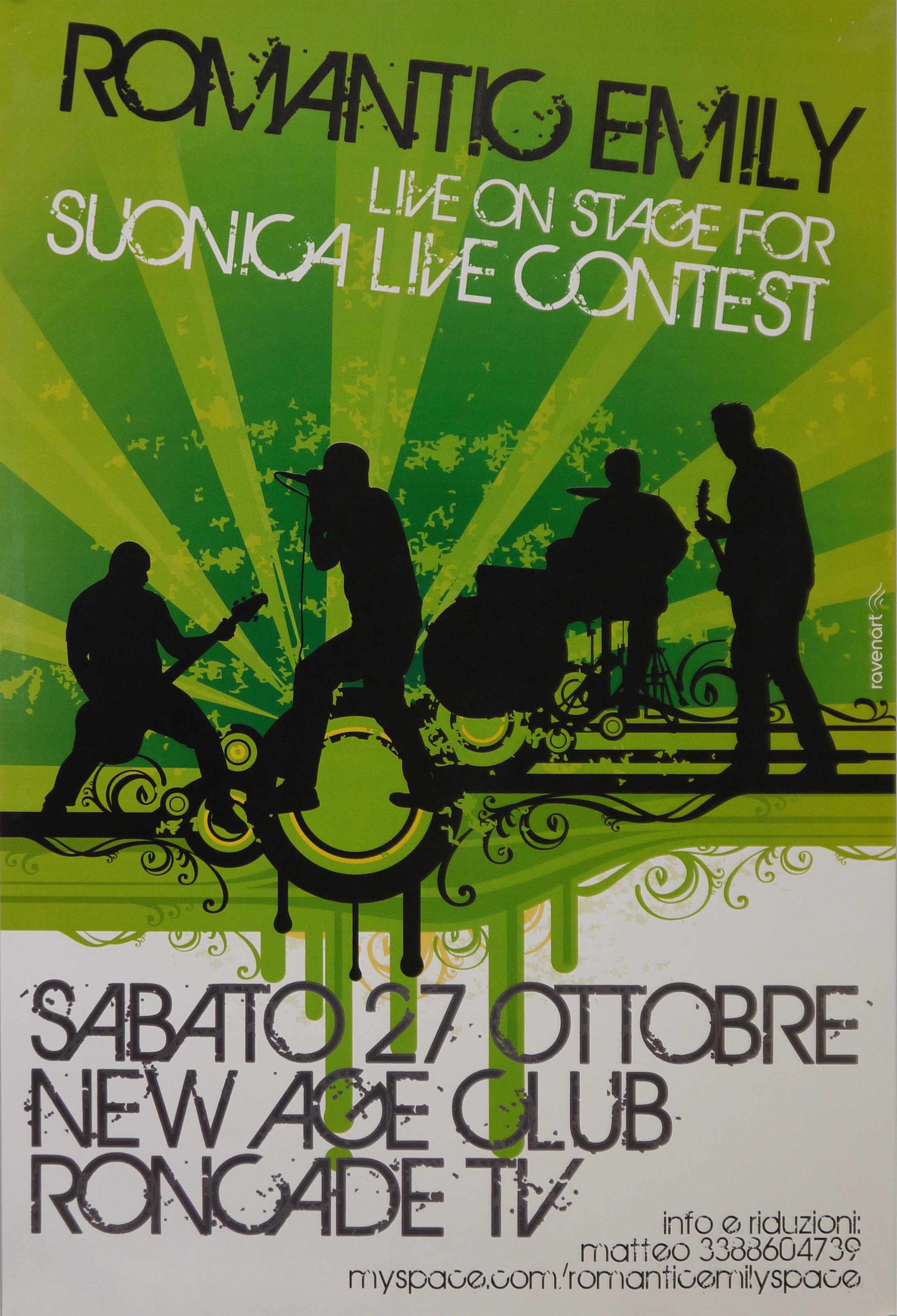 su fondo verde con motivo geometrici grafica con il gruppo musicale dei Romantic Emily in concerto (locandina) - ambito veneto (inizio XXI)