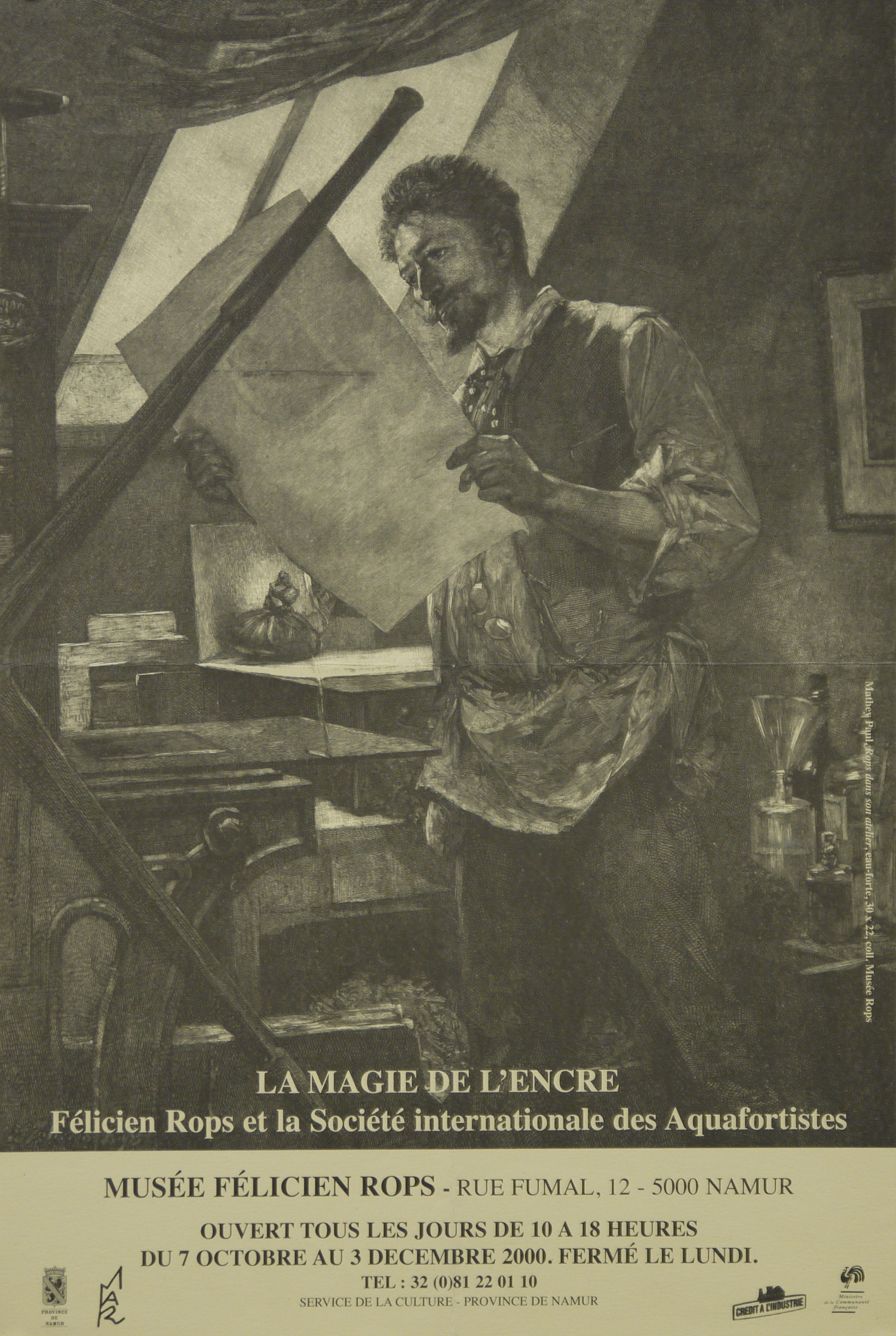 riproduzione dell'acquaforte di Paul Mathey con il pittore Felicien Rops (Namur 1833 – Essonnes 1898) nel suo studio (Museo Rops, Namur, Belgio) (manifesto) - ambito belga (XXI)