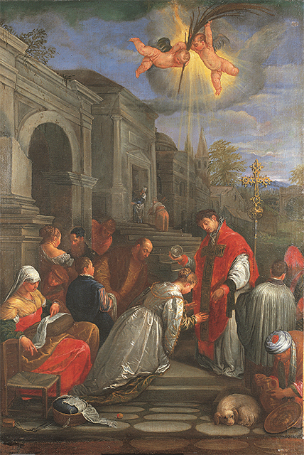 San Valentino battezza Santa Lucilla (dipinto, opera isolata) di Parodi Domenico (attribuito) - ambito genovese (ultimo quarto XVII)