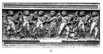 putti-stagioni e fanciullo defunto (sarcofago/ fronte) (SECOLI/ IV)
