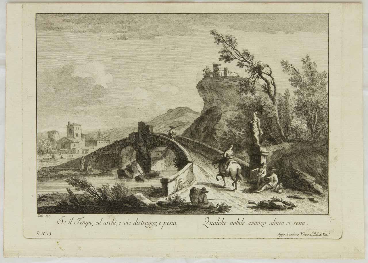 Paesaggio con ponte (stampa) di Zais Giuseppe - ambito veneziano (secc. XVIII/ XIX)