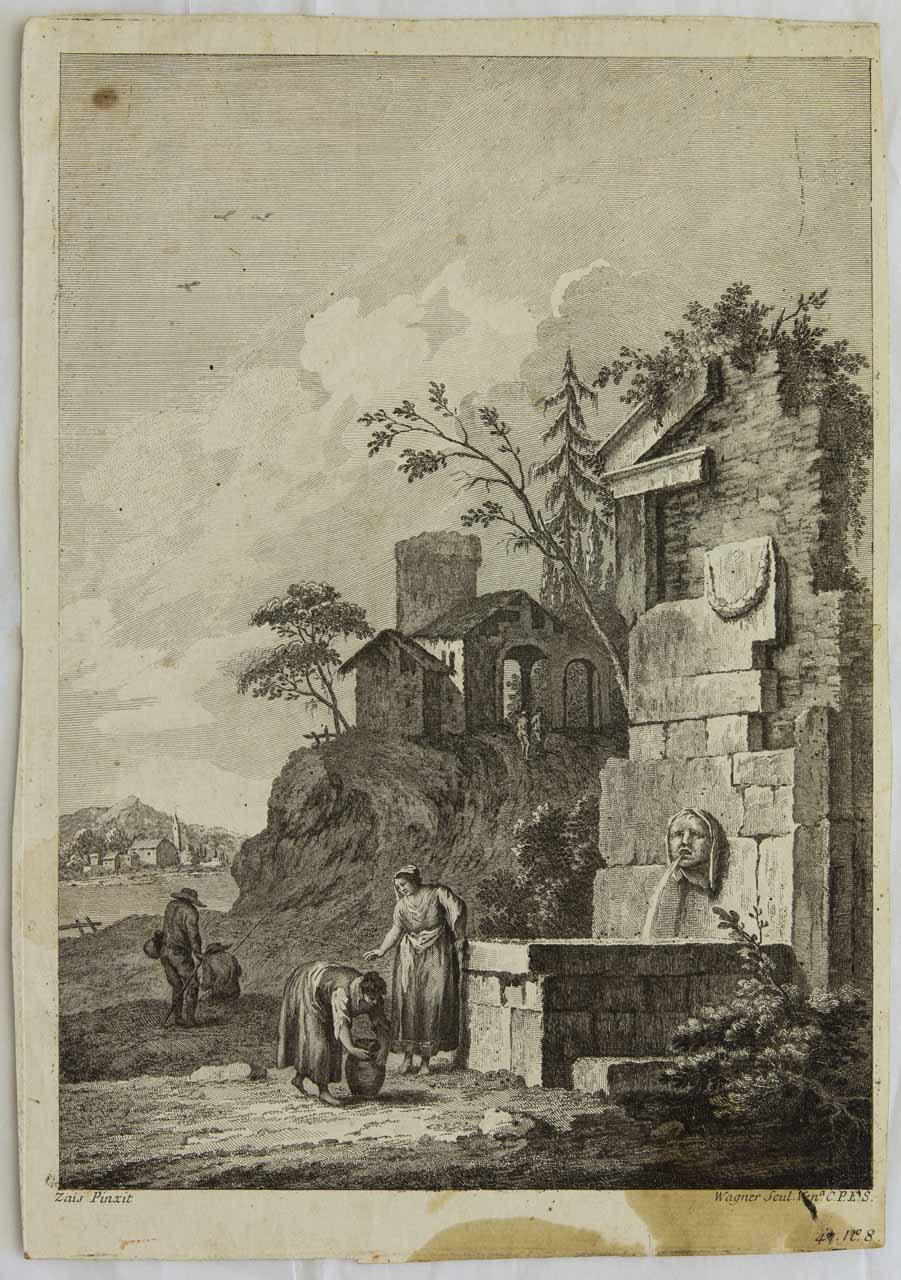 Paesaggio con fontana e ruderi, Paesaggio con rovine antiche e fontana (stampa smarginata, serie) di Wagner Joseph, Zais Giuseppe - ambito veneziano (sec XVIII)