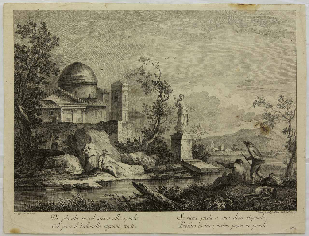 Paesaggio fluviale con pescatori e statua di Diana (stampa smarginata) di Berardi Fabio, Zais Giuseppe - ambito veneziano (sec. XVIII)