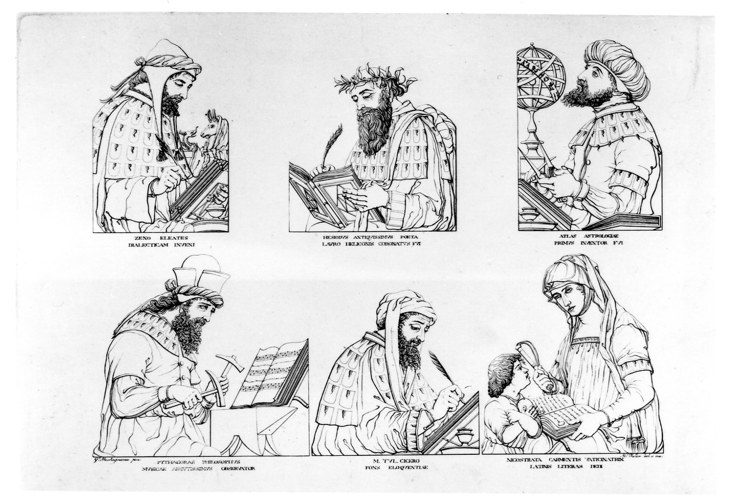 Sei sapienti dell'Antichità (Zenone, Esiodo, Atlante, Pitagora, Cicerone, Nicostrata) (stampa) di Toller Melchiorre, Parisati Jacopo detto Jacopo Da Montagnana - ambito bellunese (sec. XIX)