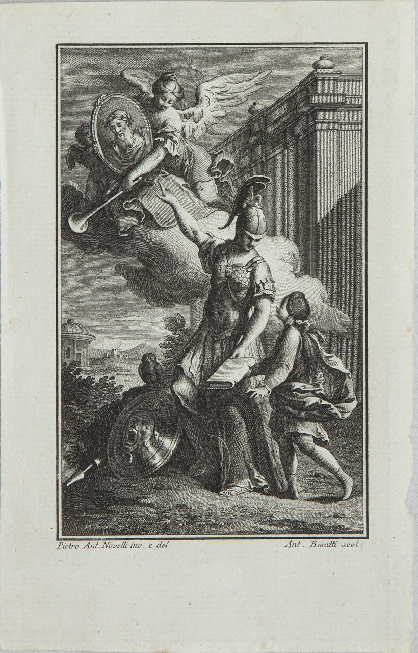 Minerva indica a un giovane il ritratto di Omero retto dalla Fama (stampa smarginata) di Baratti Antonio, Novelli Pietro Antonio - ambito veneziano (sec. XVIII)