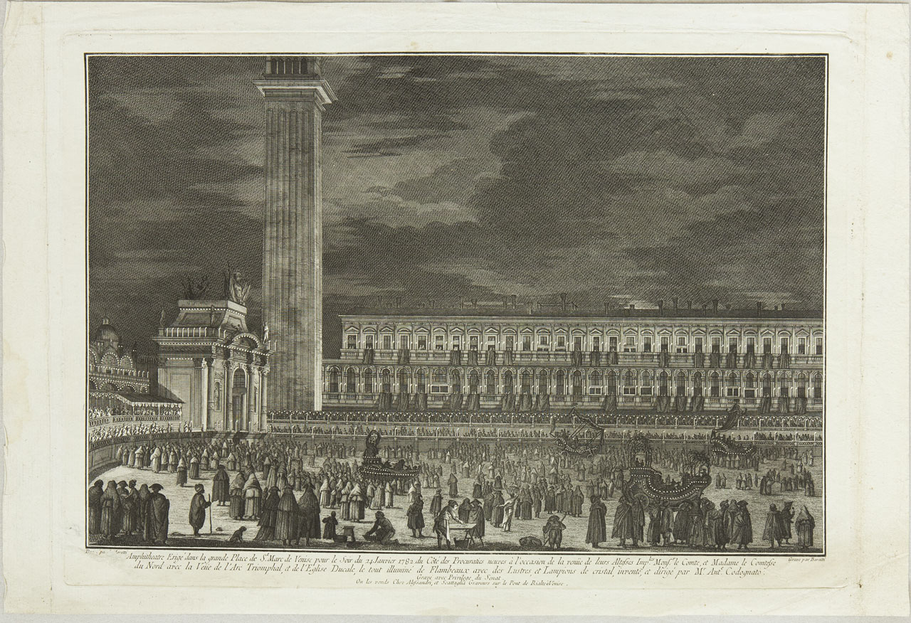 Veduta notturna in Piazza San Marco, Piazza San Marco di notte allestita per festeggiare l'arrivo dei Conti del Nord (stampa, serie) di Baratti Antonio, Moretti Giovan Battista - ambito veneziano (sec. XVIII)