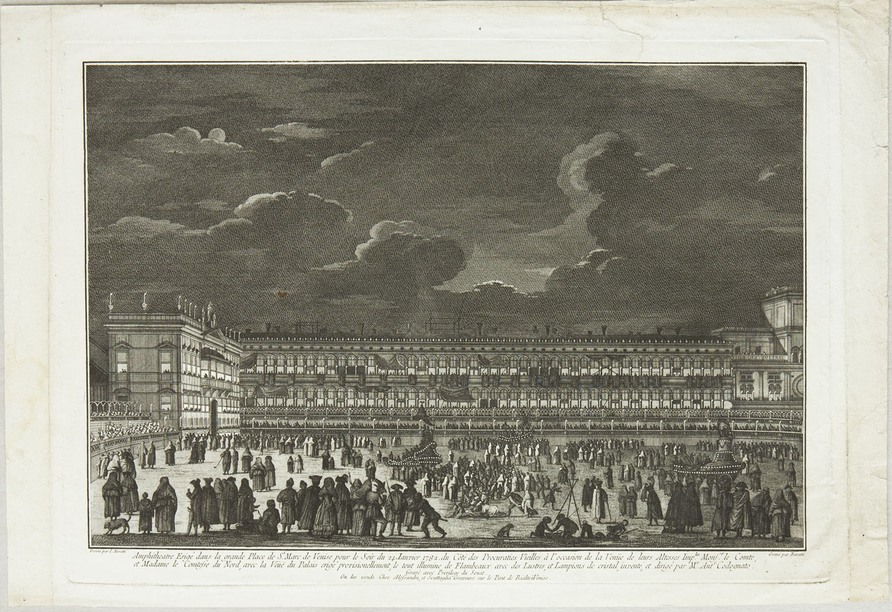 Arena in Piazza San Marco a Venezia, Piazza San Marco di notte allestita per festeggiare l'arrivo dei Conti del Nord (stampa, serie) di Baratti Antonio, Moretti Giovan Battista - ambito veneziano (sec. XVIII)