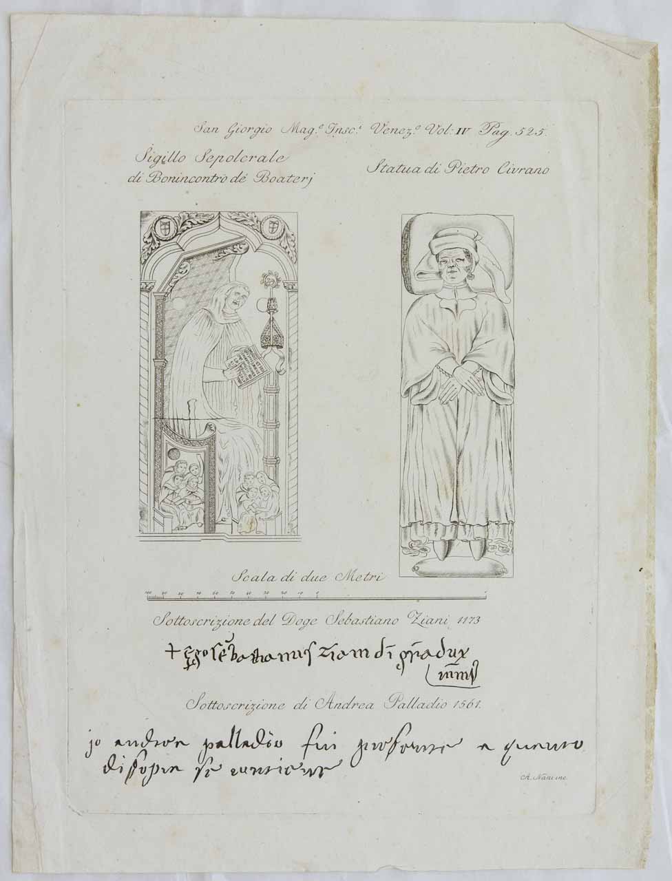 Sigillo sepolcrale, fronte di sarcofago e iscrizioni (stampa) di Nani Antonio - ambito bellunese (sec. XIX)