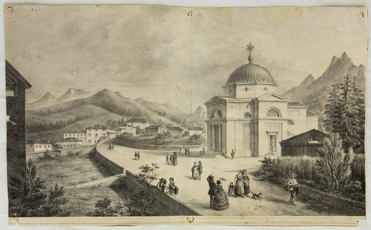 Veduta della chiesa di San Lucano a Villapiccola di Auronzo, presso Belluno (stampa) - ambito veneto (sec. XIX)
