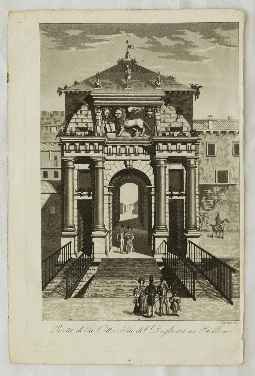 Veduta di Porta Dojona a Belluno (stampa tagliata) di Landini Domenico - ambito lombardo (sec. XIX)