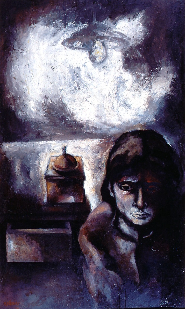 Interno a Posada, interno con figura femminile (dipinto) di Filannino Natale (sec. XX)