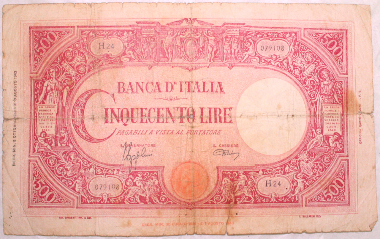 banconota - 500 lire di Rinaldo Barbetti, E. Ballarini (SECOLI/ XX)