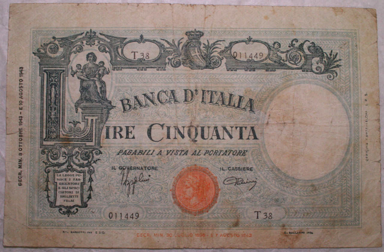 banconota - 50 lire di Rinaldo Barbetti, E. Ballarini (SECOLI/ XX)