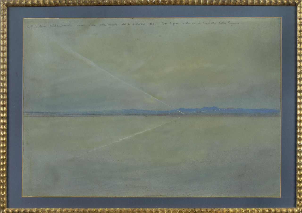 Bombardamento aereo della costa veneta, Attacco aereo a Mestre, bombardamento aereo (dipinto) di Sartorio Giulio Aristide (sec. XX)