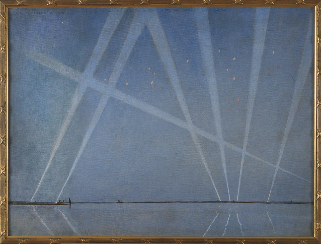 Attacco aereo di Venezia, bombardamento aereo (dipinto) di Sartorio Giulio Aristide (sec. XX)