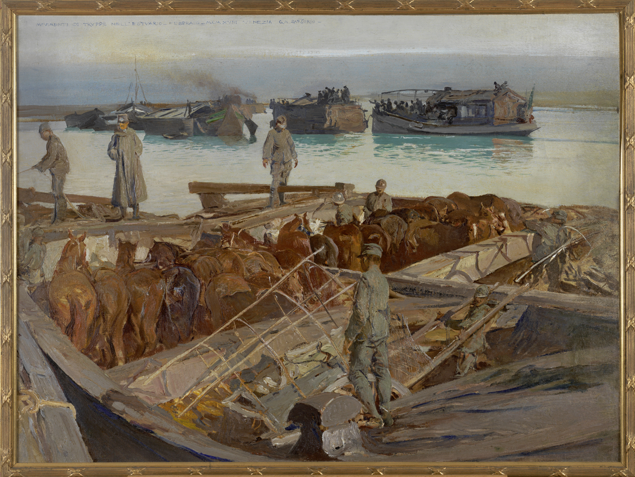 Movimenti di truppe nell'estuario, soldati sulle imbarcazioni (dipinto) di Sartorio Giulio Aristide (sec. XX)