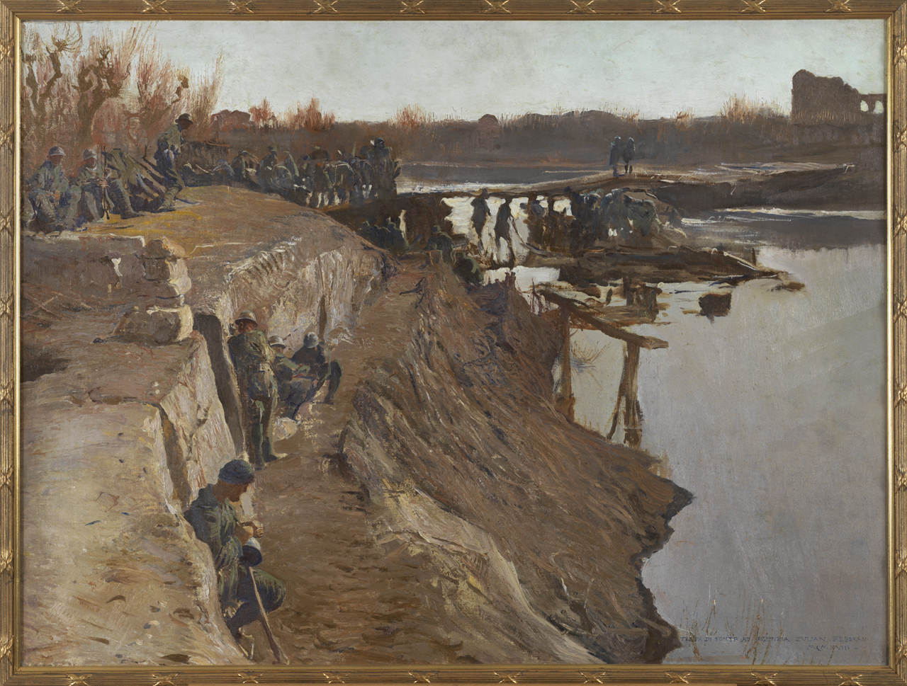 Testa di ponte ad Agenzia Zulian, presidio militare sulla sponda del fiume (dipinto) di Sartorio Giulio Aristide (sec. XX)