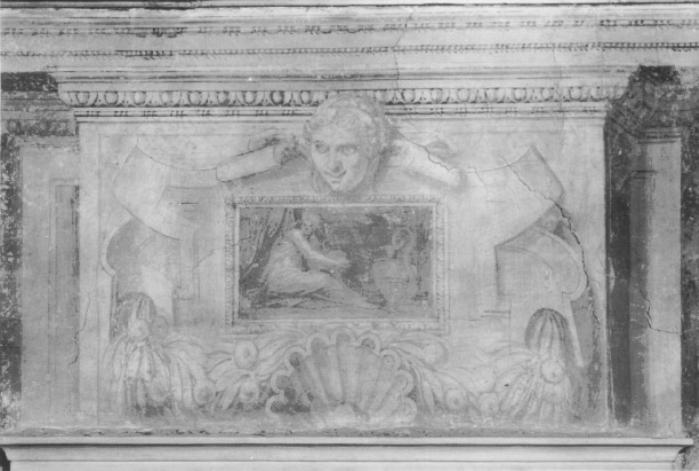 Motivi architettonici a trompe l'oeil/ testa di donna/ motivi decorativi geometrici/ a conchiglie/ a festoni/ a ovoli/ a perle/ a fusarole (dipinto) di Zelotti Giambattista (sec. XVI)