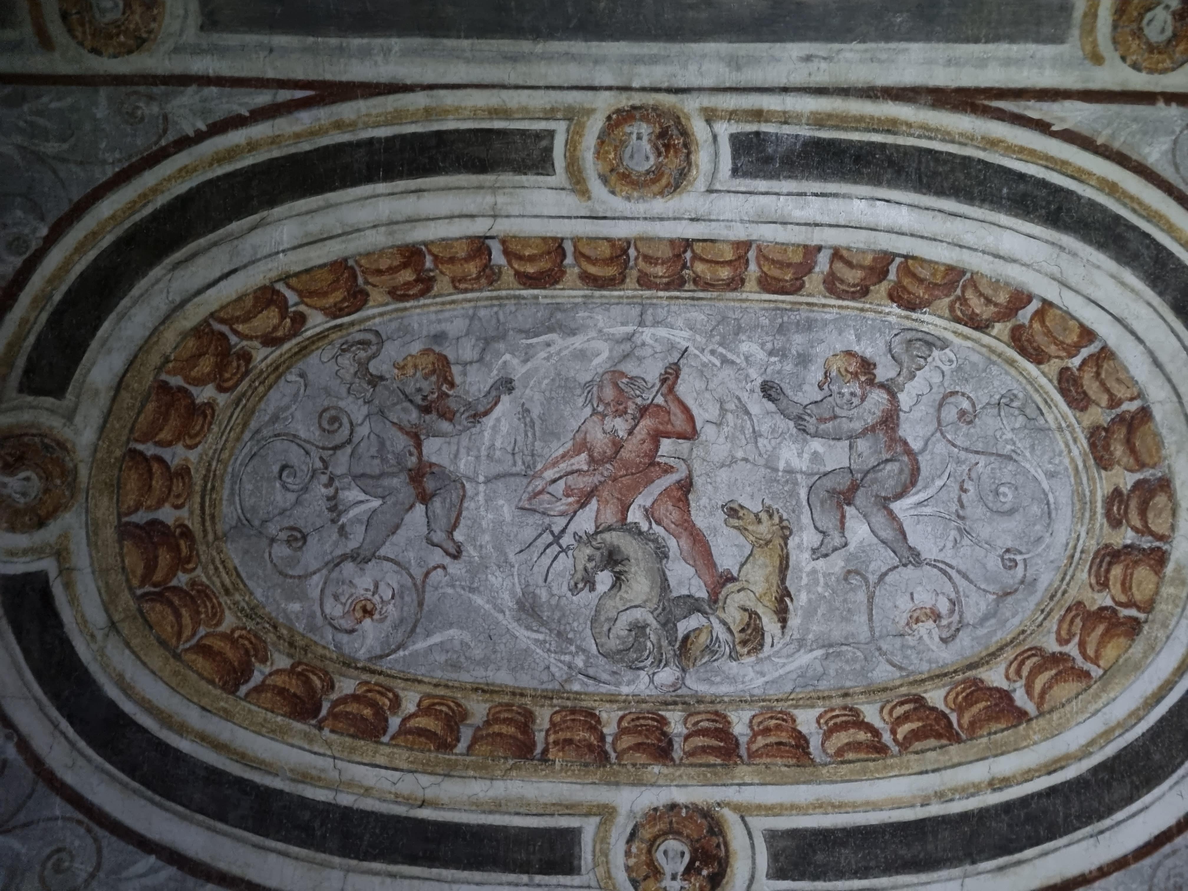 Nettuno/ putti alati/ motivi decorativi a grottesche/ a finti stucchi (dipinto) di Daniel van den Dyck - ambito fiammingo (sec. XVII)