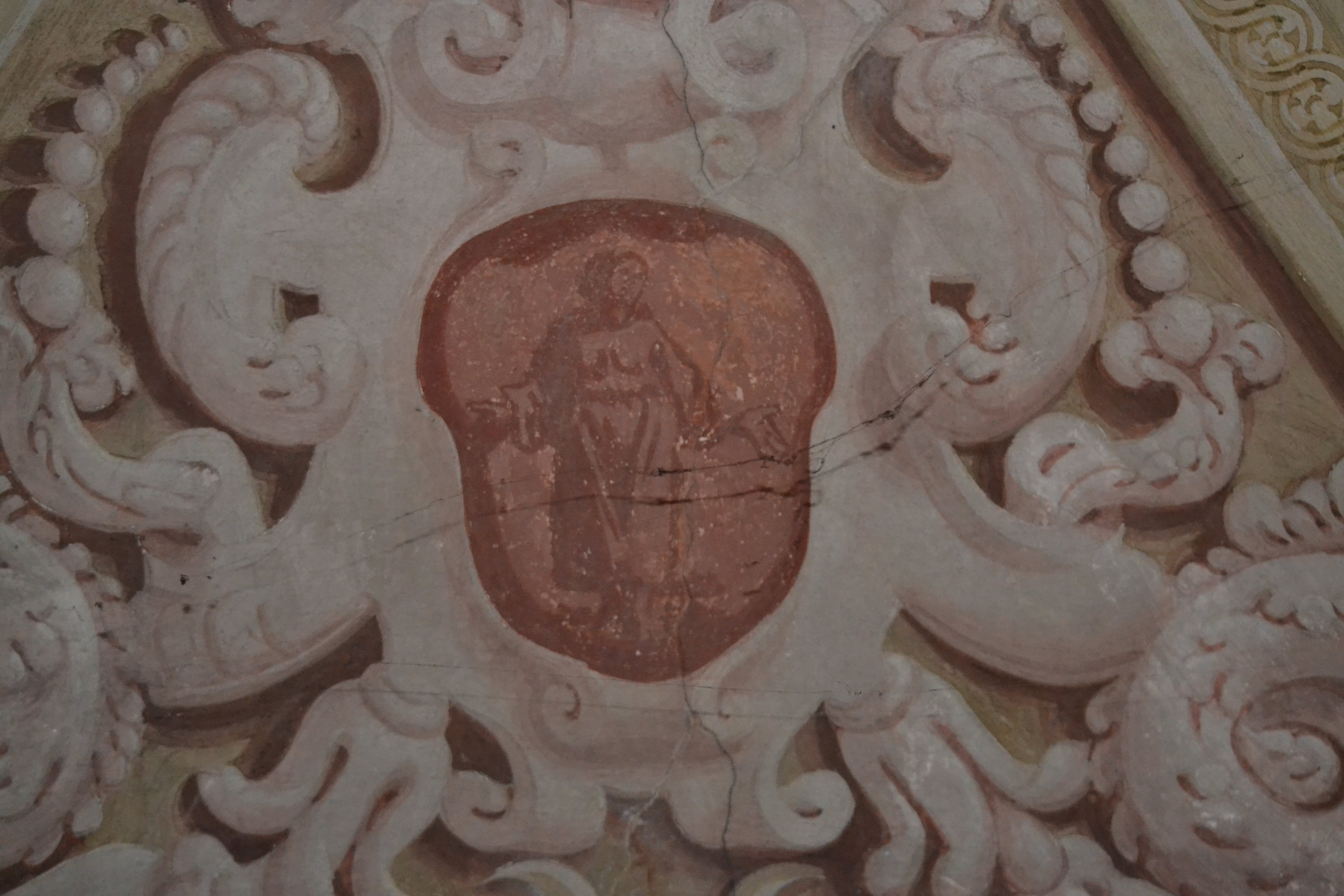 Figura femminile/ motivi decorativi a finti stucchi/ a volute fitomorfe/ a mascherone (dipinto) di Daniel van den Dyck - ambito fiammingo (sec. XVII)