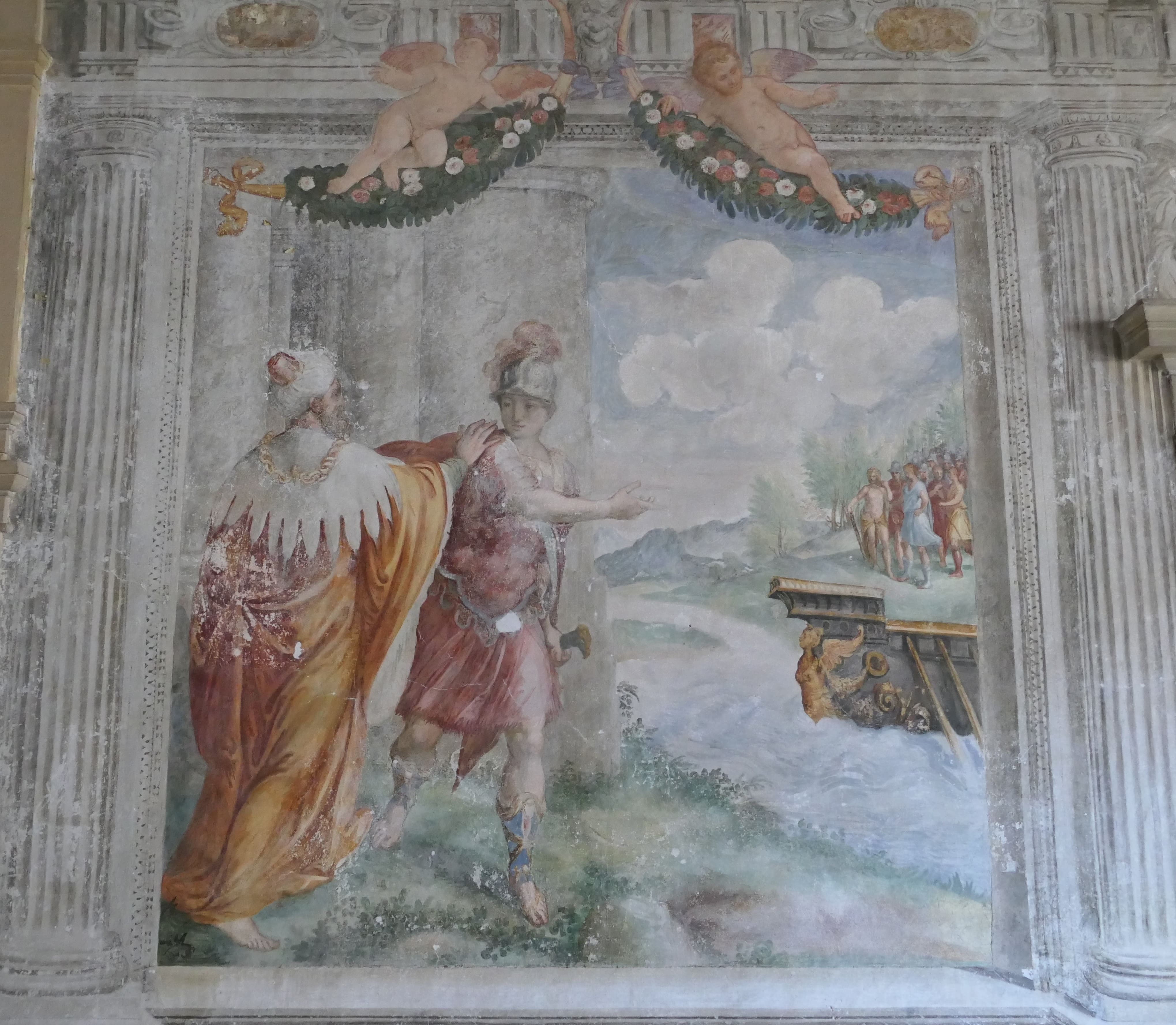 Esone incita Giasone all'impresa/ putti alati/ festoni/ mascherone (dipinto) di Caliari Benedetto (attribuito) (sec. XVI)