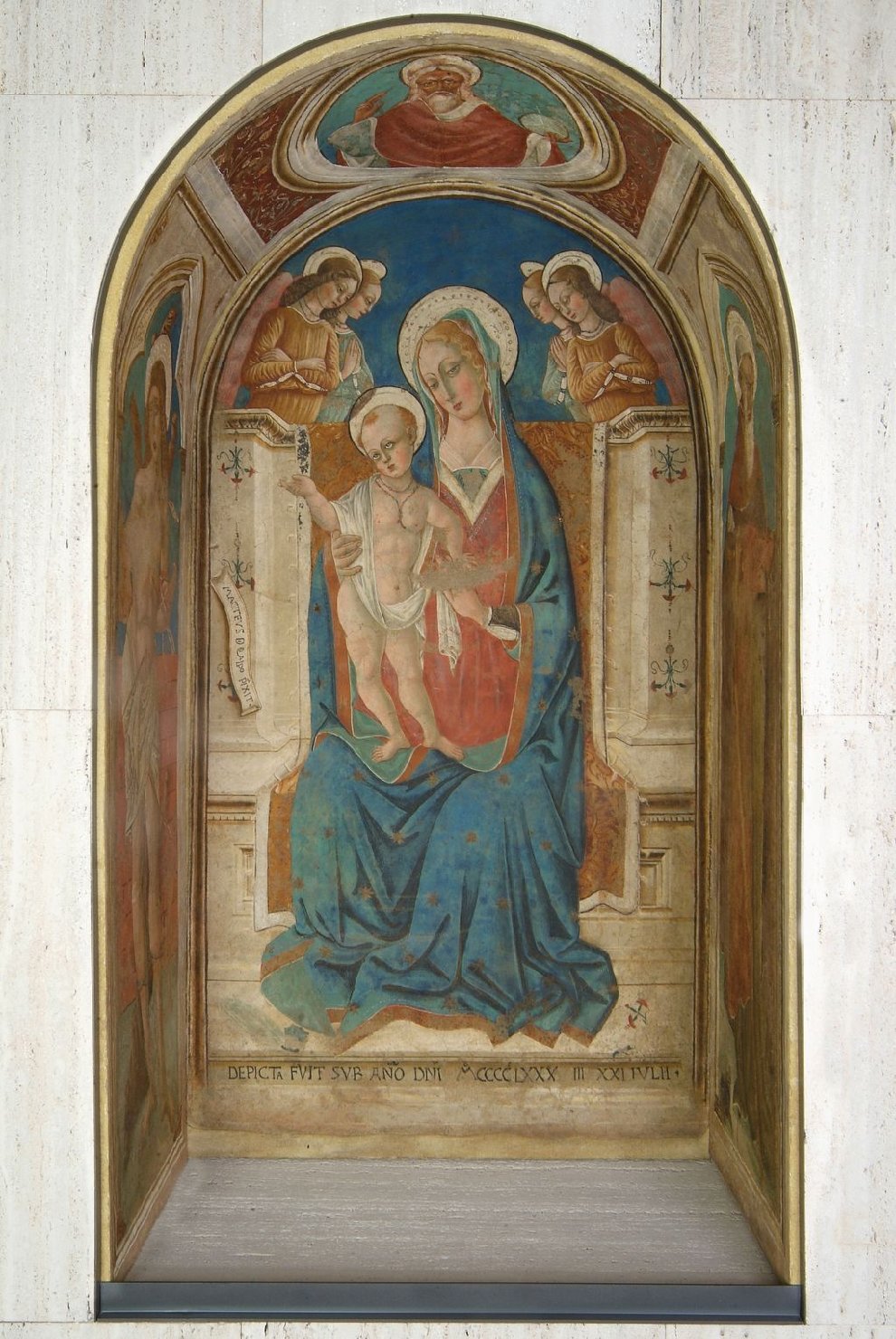 Madonna con Bambino in trono, Santi, angeli e Dio padre (dipinto, insieme) di Matteo di Pietro detto Matteo da Gualdo (sec. XV)