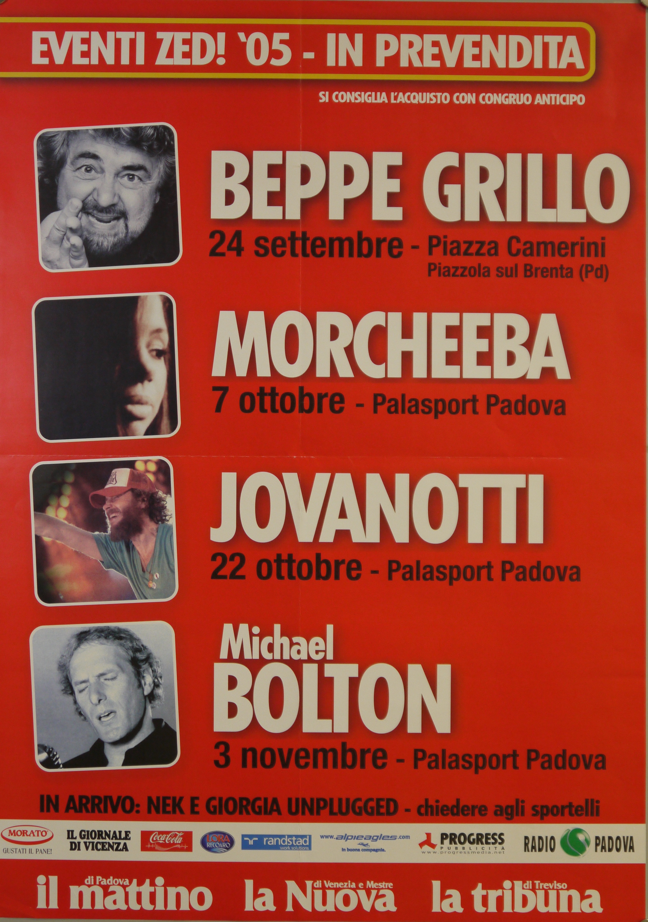 ritratti fotografici di Beppe Grillo, Morcheeba, Jovanotti e Michael Bolton (manifesto) - ambito veneto (fine XX)