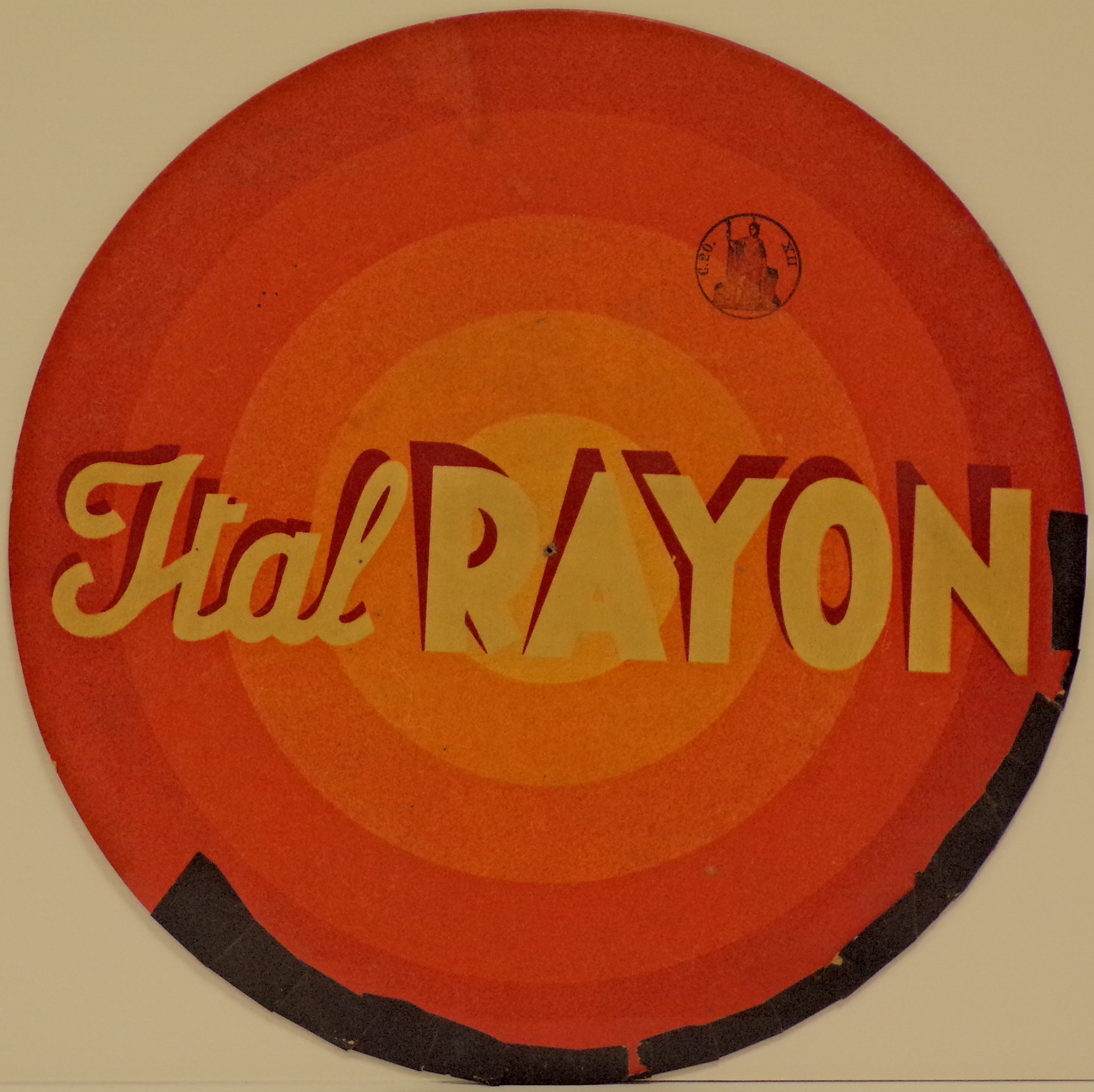 Ital Rayon, disco a fasce cromatiche concentriche digradanti dal rosso al giallo (Cartello - da vetrina, opera isolata) - ambito italiano (metà XX)