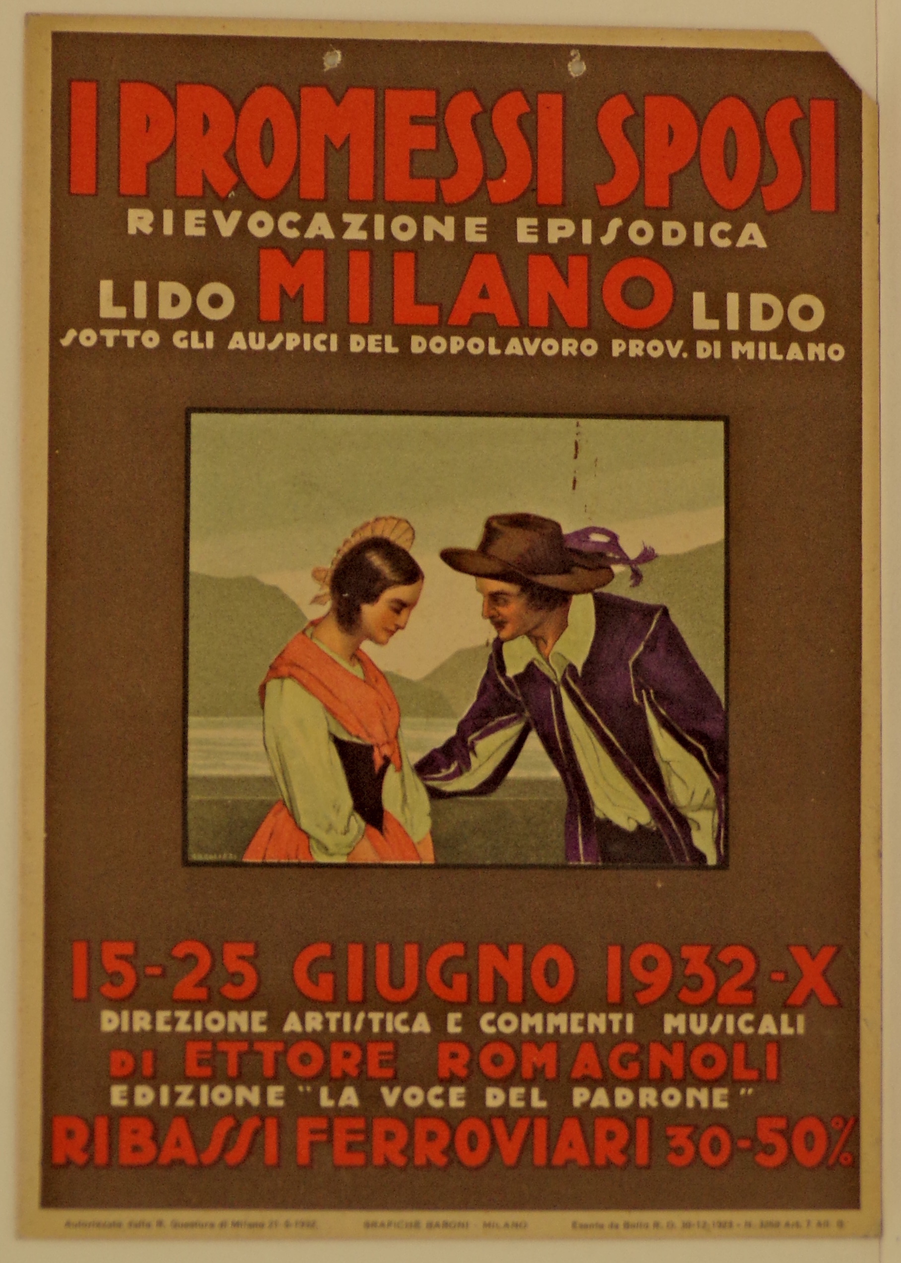 Cromolitografia raffigurante il dialogo tra Renzo Tramaglino e Lucia Mondella sullo sfondo del Lago di Como (locandina) - ambito milanese (secondo quarto XX)