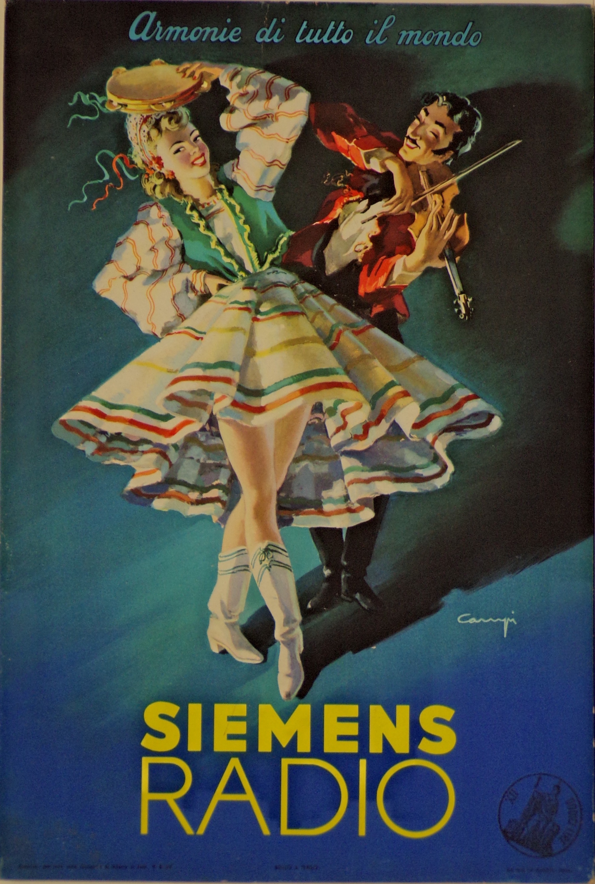 Fanciulla in abito popolare ungherese balla al ritmo del tamburello con l'accompagnamento di un violinista tzigano (tabella) di Campi Serafino - ambito faentino (metà XX)