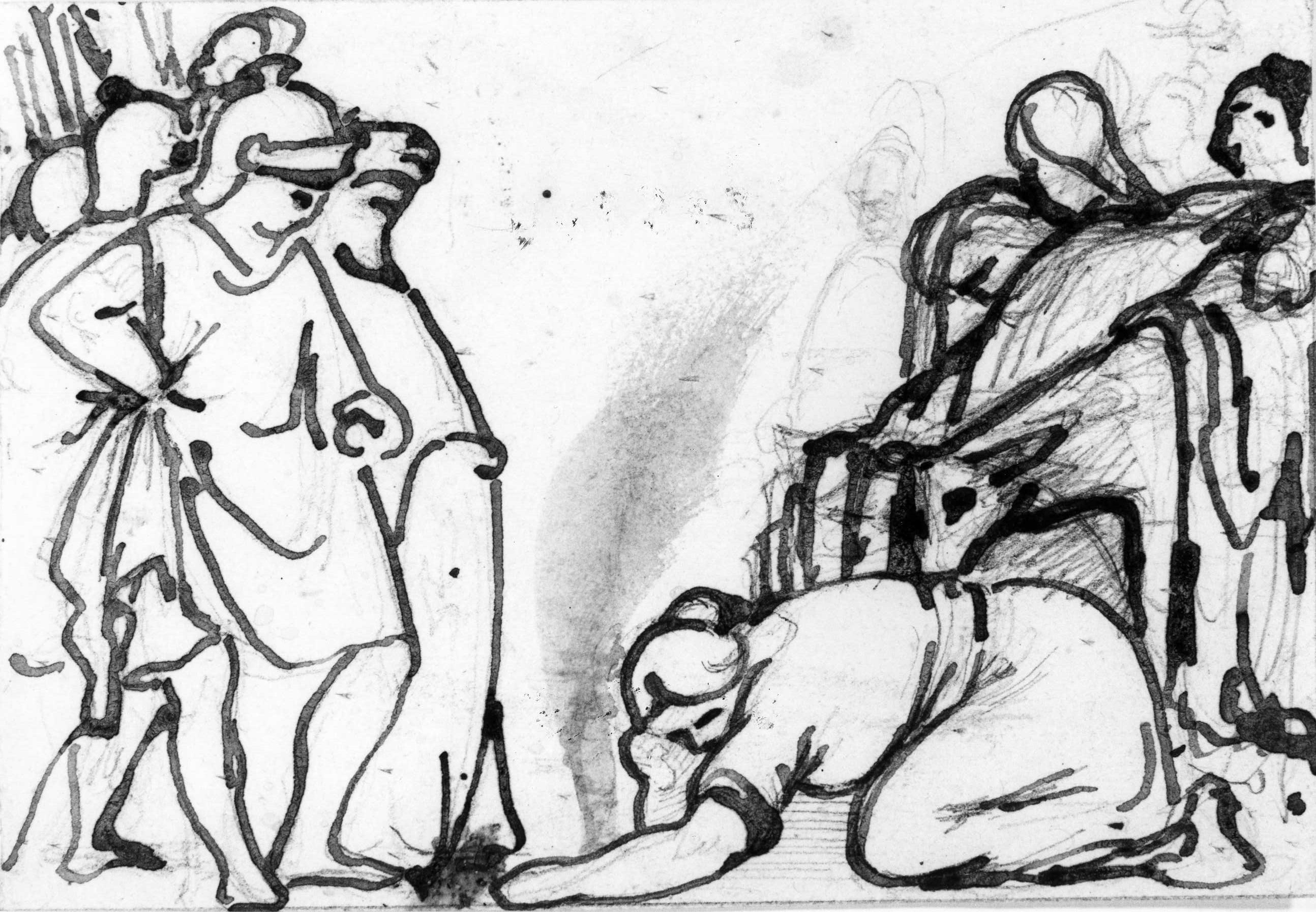 donna inginocchiata davanti ai soldati (disegno) di DuprÃ¨ Giovanni (sec. XIX)