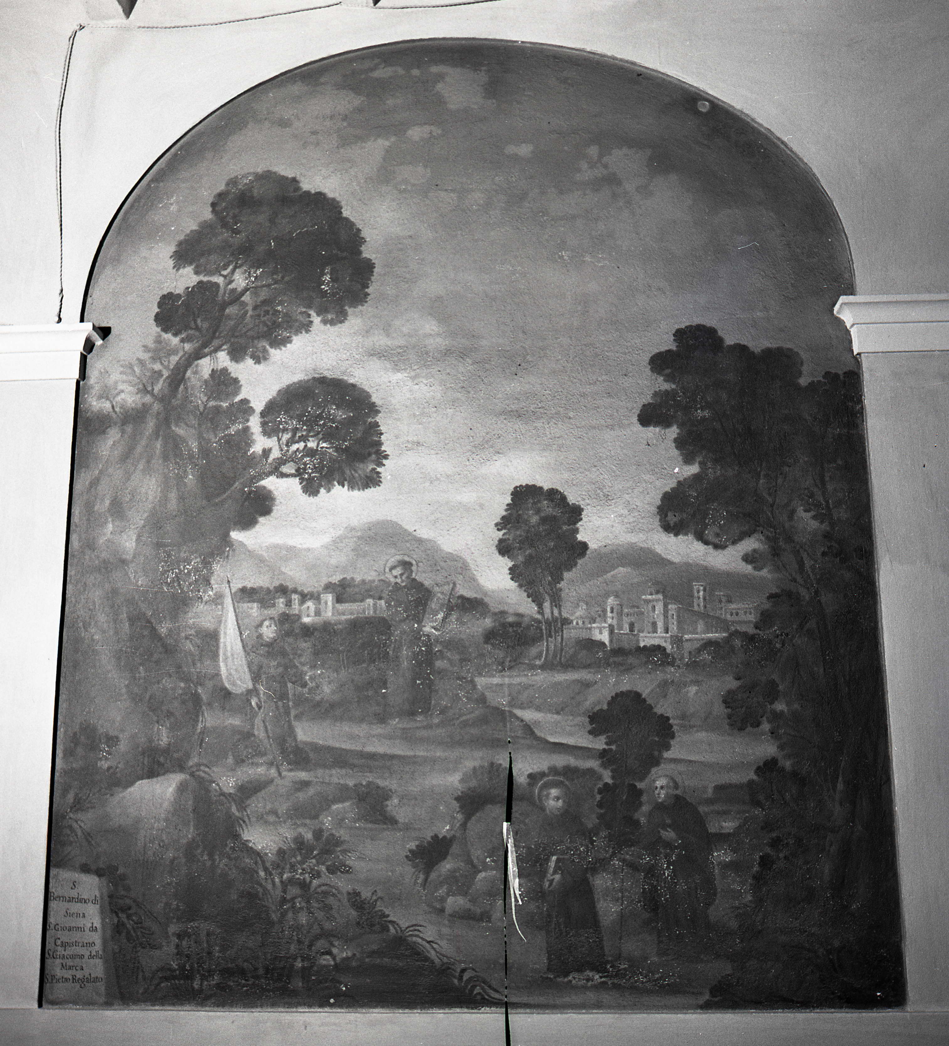 Quattro santi francescani in un paesaggio (dipinto, elemento d'insieme) - ambito bolognese (ultimo quarto XVIII)