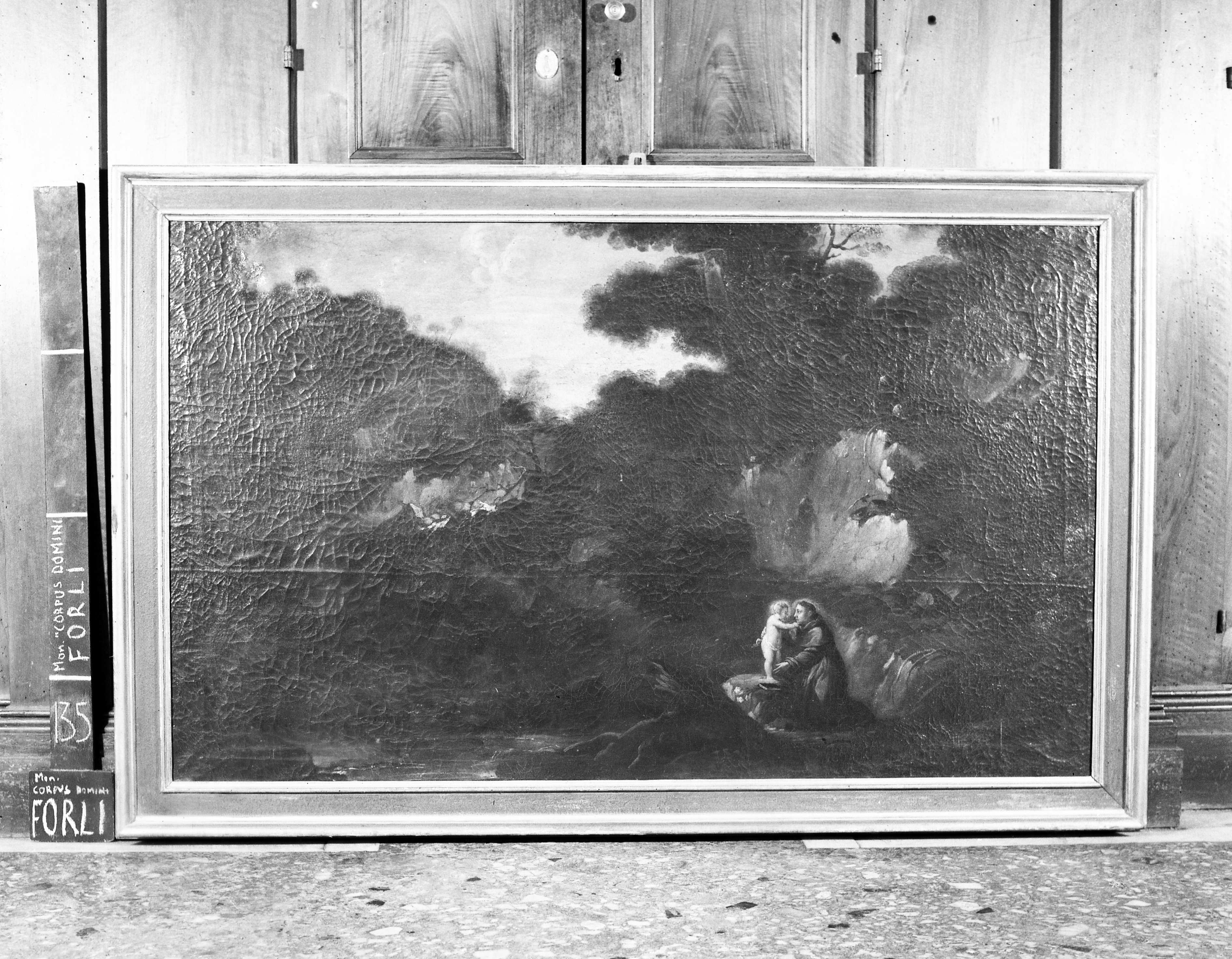 Apparizione di Gesù Bambino a Sant'Antonio da Padova in un paesaggio (dipinto, opera isolata) - ambito emiliano (metà XVII)