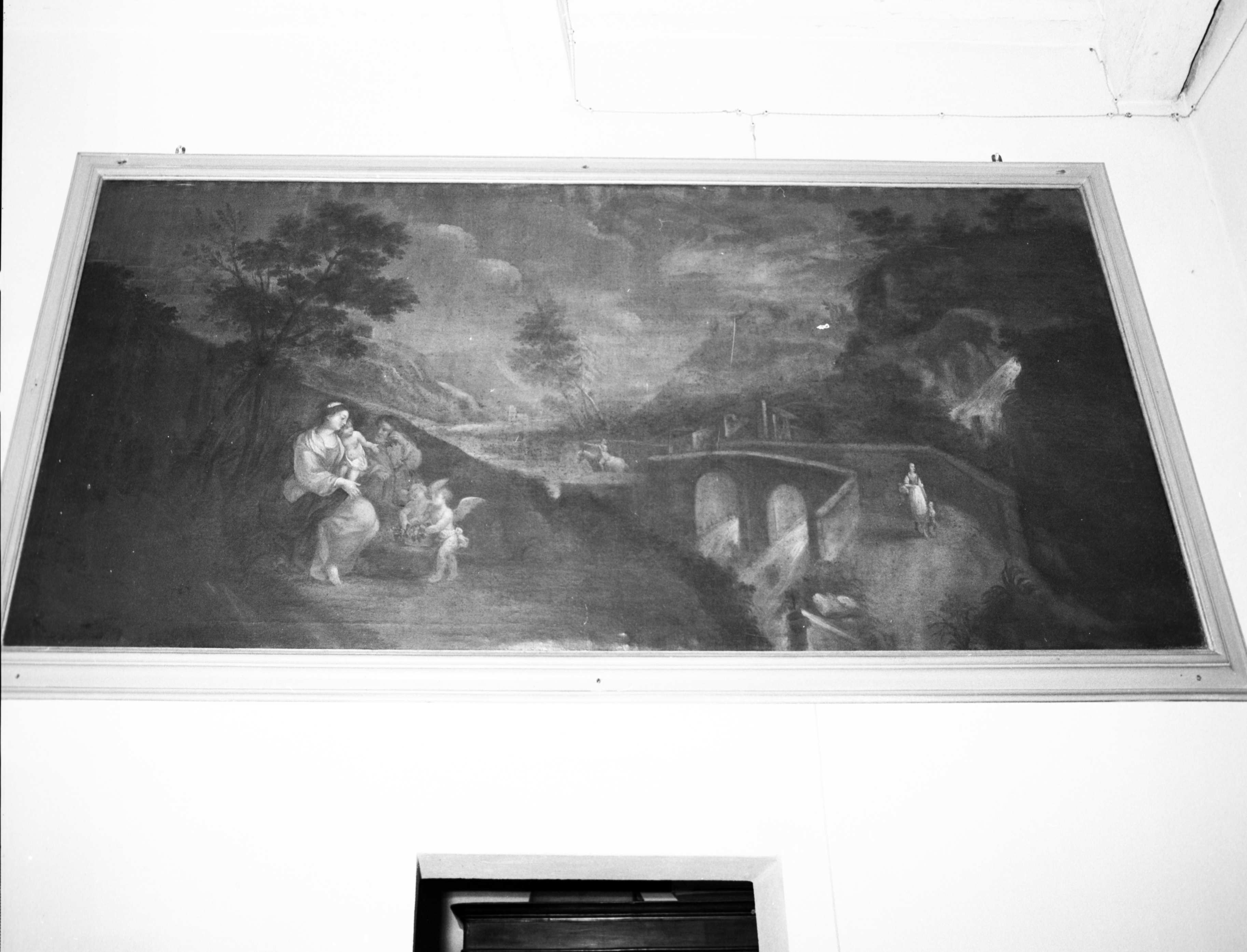 Sacra Famiglia e angeli in un paesaggio (dipinto, pendant) - ambito emiliano (XVIII)